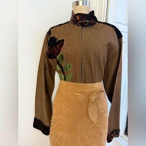 Vintage Raw Denim Brown Half Zip Jacket Velvet Trim Floral Appliqué handmade